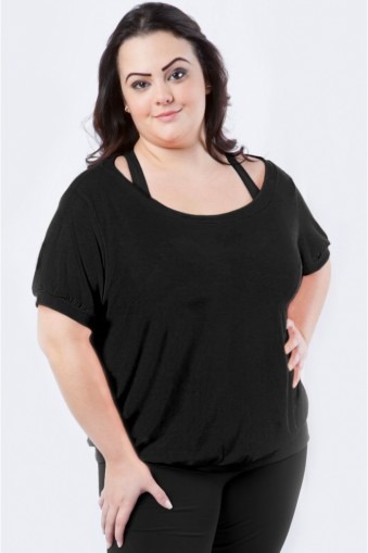 Blusa manga curta decote canoa plus size-Preto