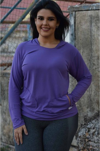 Blusa manga longa com capuz poliamida plus size-Roxo