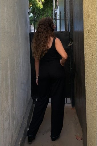 Calça pantalona com bolso -Preto e branco